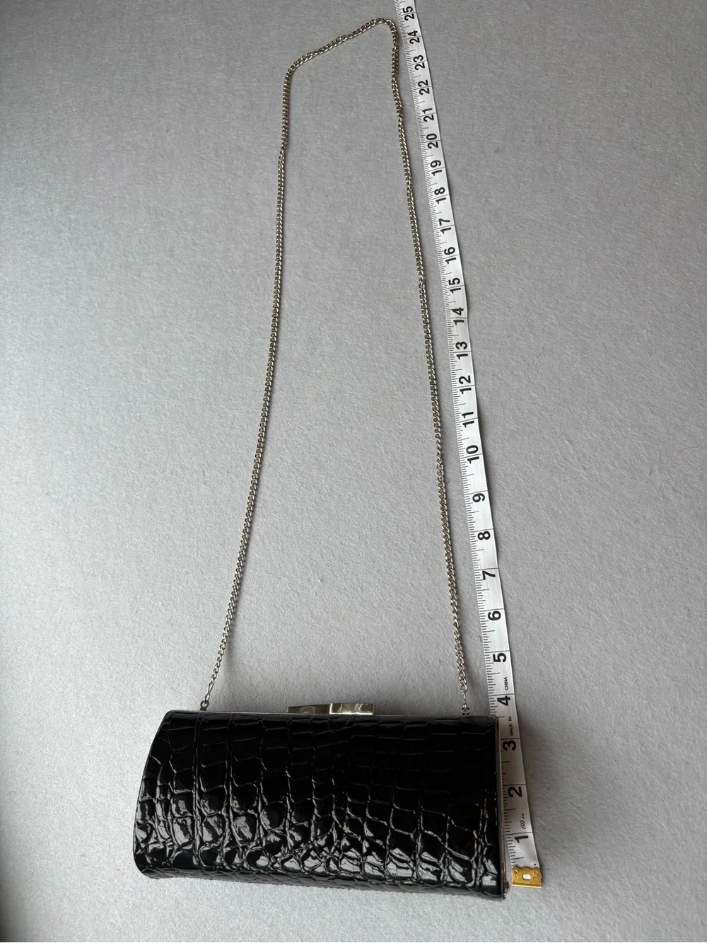 La Regale Black Patent Croc-Embossed Chain Optional Strap Clutch Evening Bag